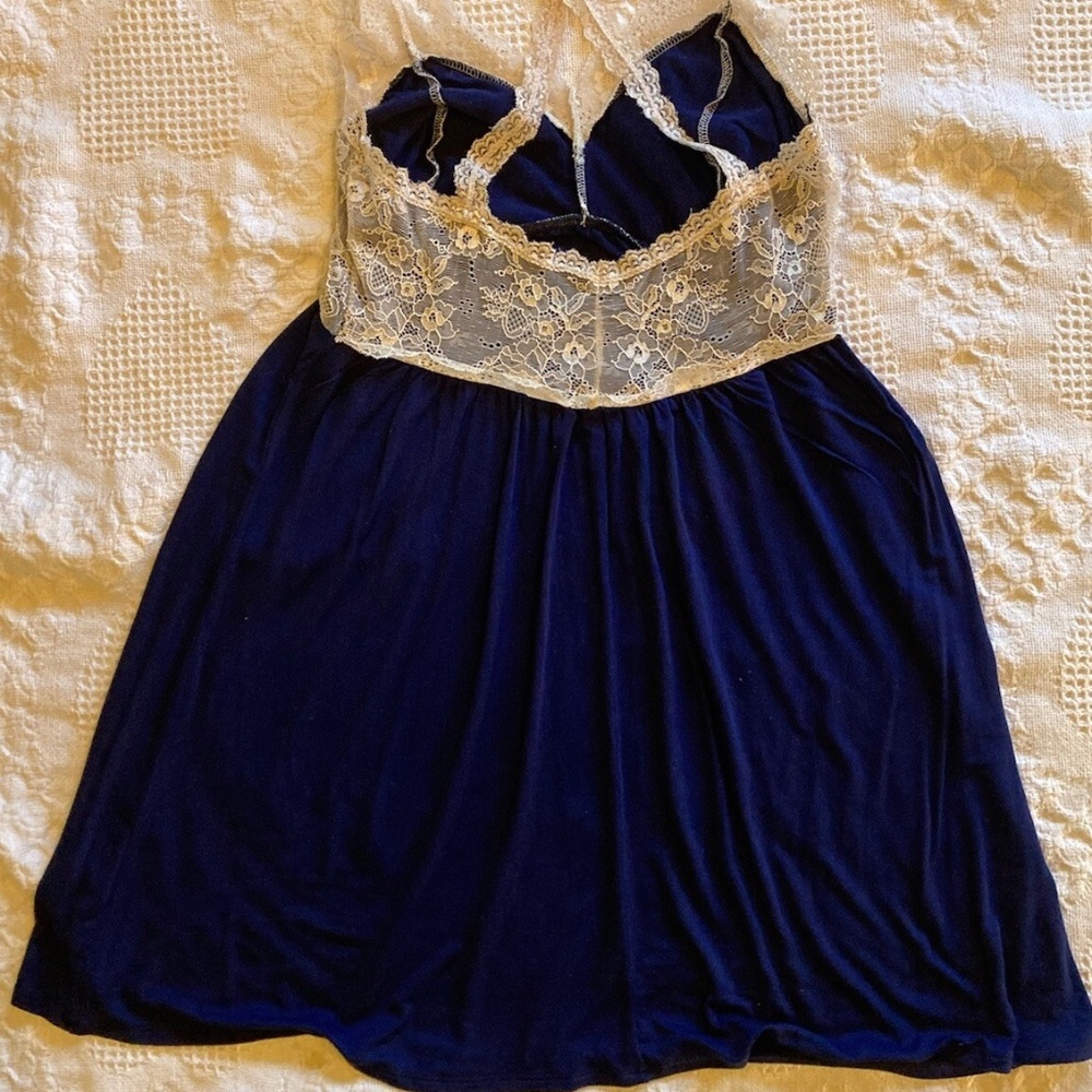 Anthropologie Lace-Embellished Chemise V-neck Navy Blue Rayon Slip by Bordeaux